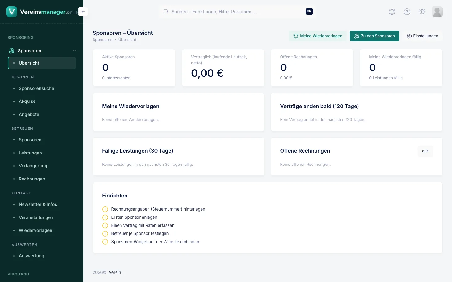 Sponsoring-Übersicht mit Einnahmen und Verlängerungen