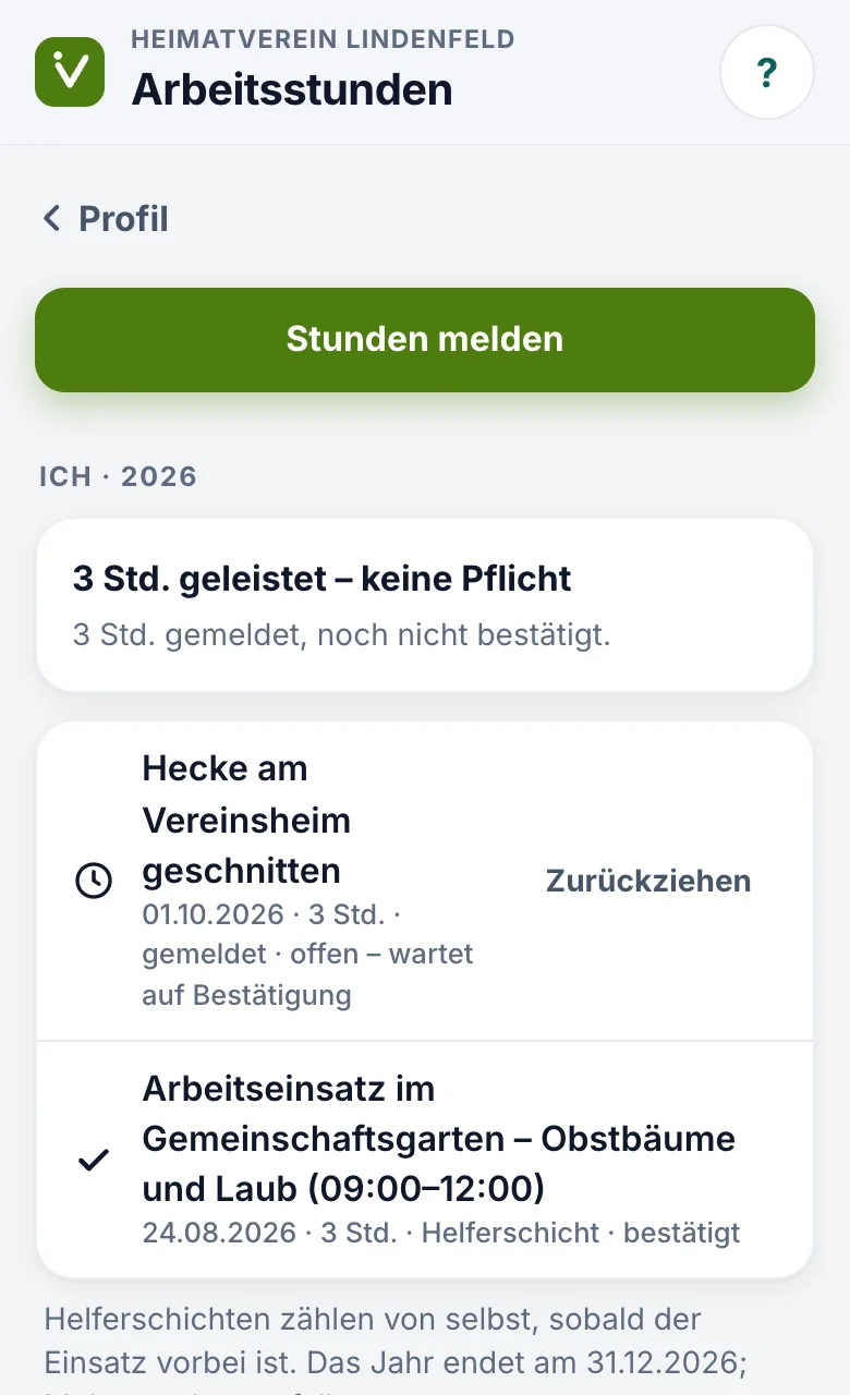 Vereins-App auf dem Handy: eigene Arbeitsstunden mit Soll, Meldungen und Rest