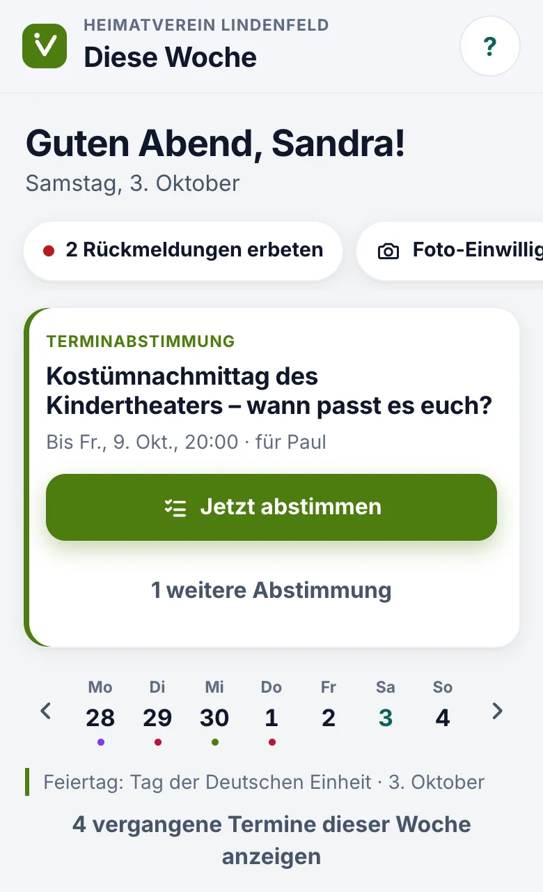 Vereins-App auf dem Handy: die Woche mit Hinweisen, Abstimmung und Terminen