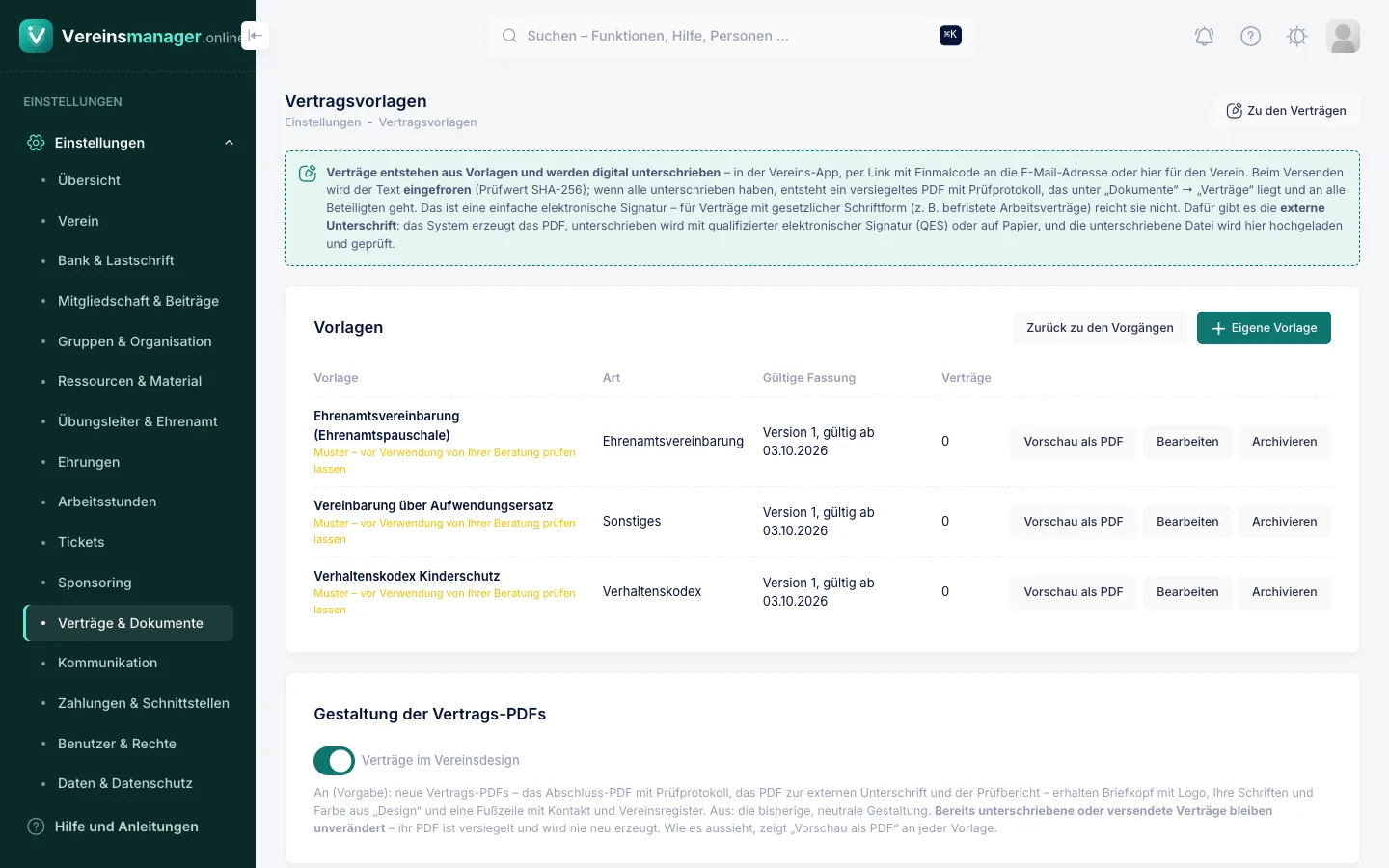 Vertragsvorlagen des Vereins für die Unterschrift in der Vereins-App