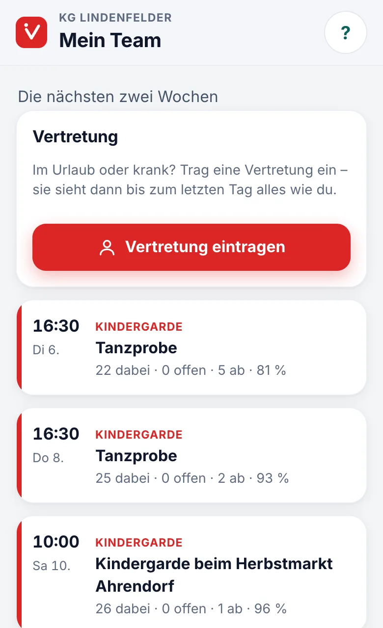 Vereins-App auf dem Handy: die Garde aus Sicht der Trainerin mit Zusagen je Termin