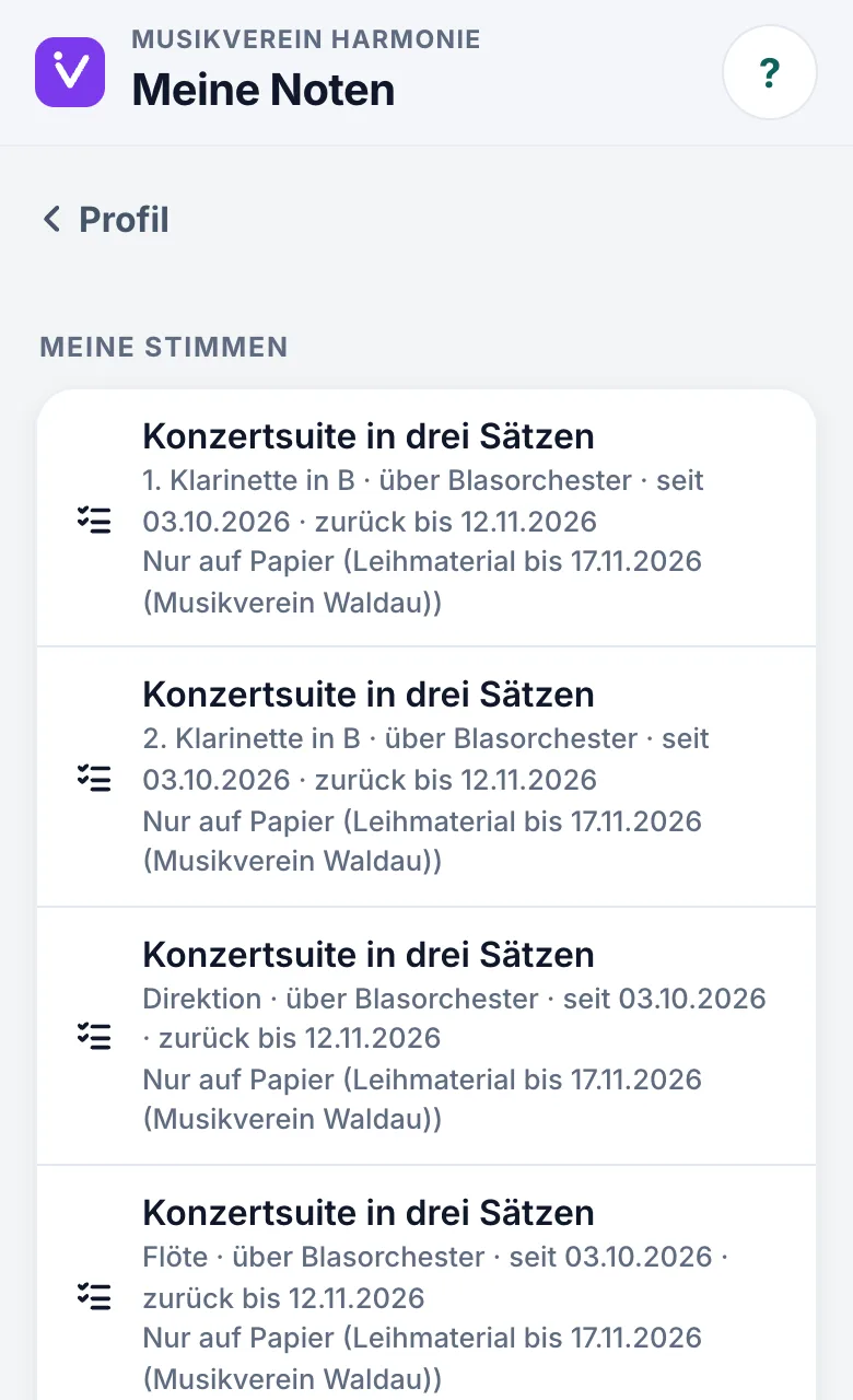 Vereins-App auf dem Handy: eigene Stimmen und das Programm der nächsten Auftritte