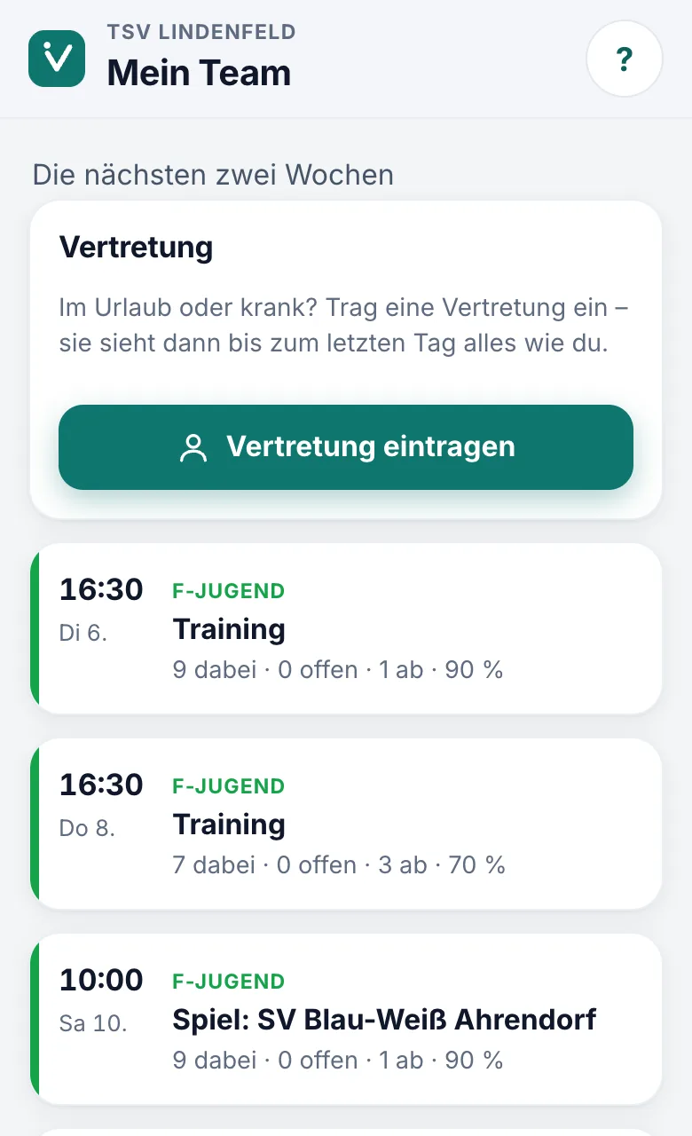 Vereins-App: die Mannschaft aus Sicht der Trainerin mit Zusagen je Termin