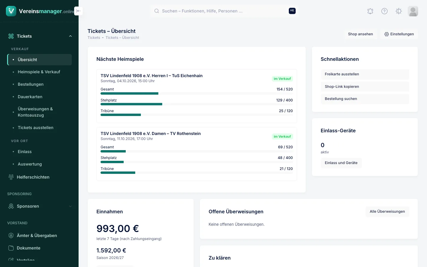 Ticketverkauf: die nächsten Heimspiele mit Verkaufsstand je Bereich und Einnahmen
